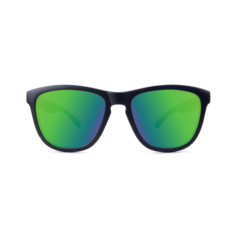 Sunglasses with Matte black frames White K logos Polarized green moonshine mirrored lenses