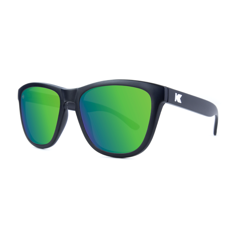 Sunglasses with Matte black frames White K logos Polarized green moonshine mirrored lenses