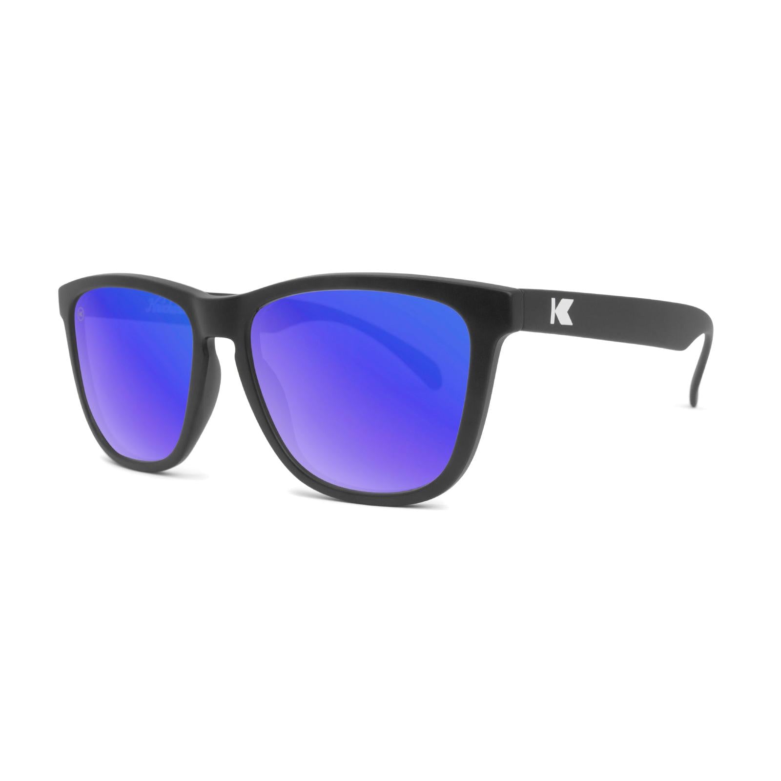 Sunglasses with Black Frame and Polarized Blue Moonshine Lenses, Threequarter