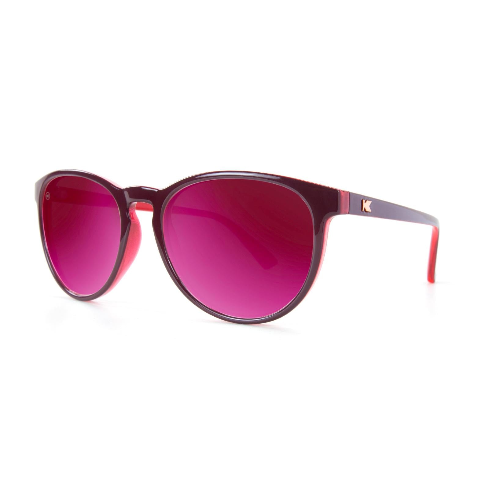 Sunglasses with Burgundy Watermelon Geode Frames and Polarized Fuchsia Lenses, Threequarter