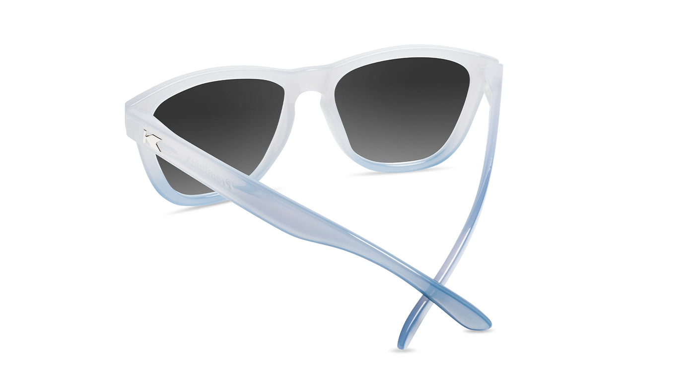 Sunglasses with Glossy Grey and Blue Frames and Polarized Silver Smoke Lenses, Back