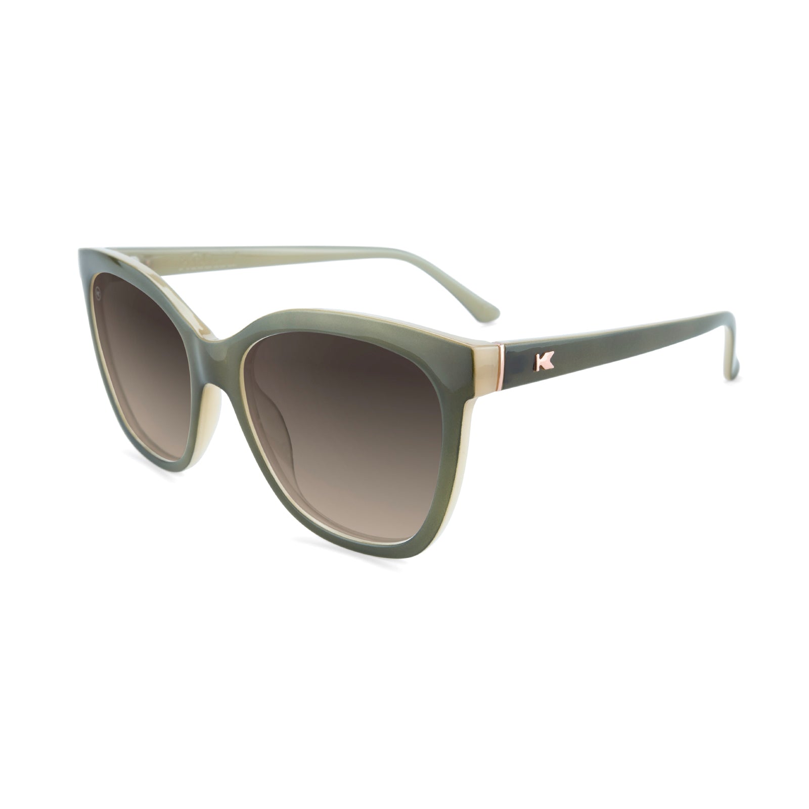 Olive green sunglasses with a gradient amber lens with gold hardware