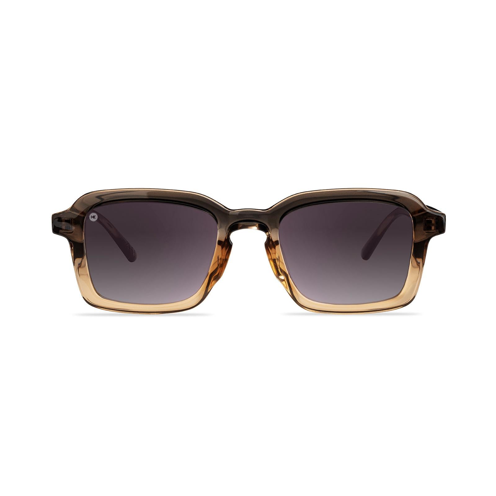 Glossy muted-brown-to-tan frames Gold K logos Polarized smoke gradient lenses