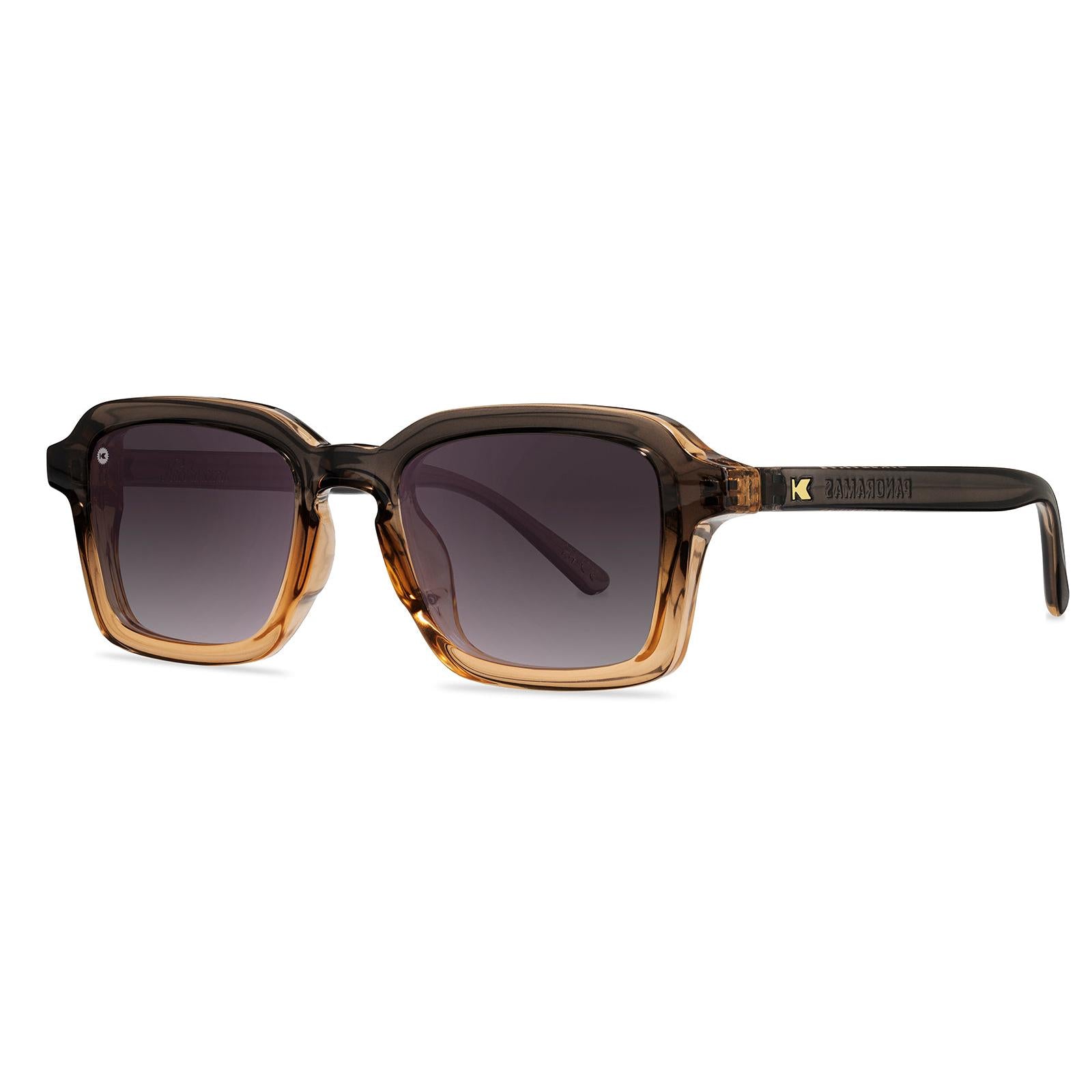 Glossy muted-brown-to-tan frames Gold K logos Polarized smoke gradient lenses