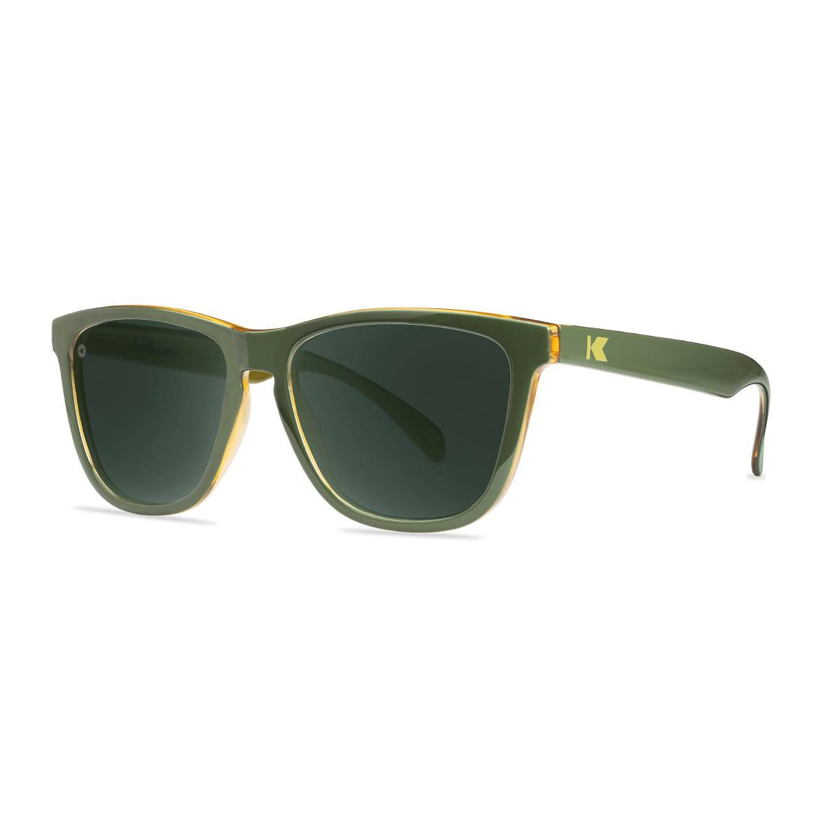 Sunglasses with Glossy Green Frames and Polarized Green Lenses, Threequarter