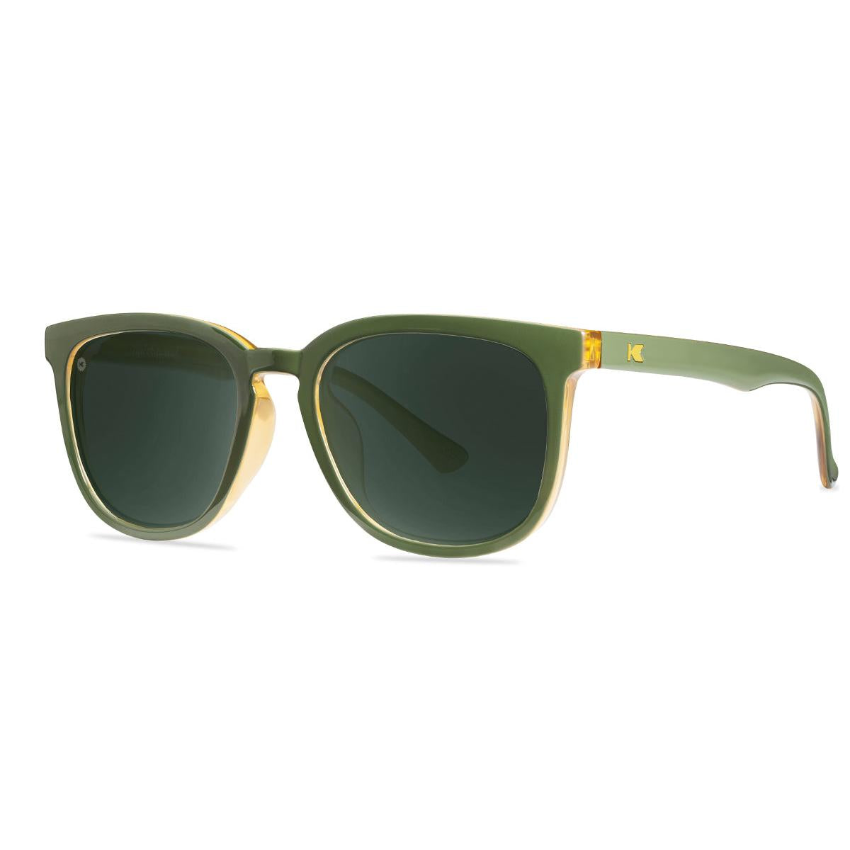 Sunglasses with Glossy Green Frames and Polarized Green Lenses, Threequarter