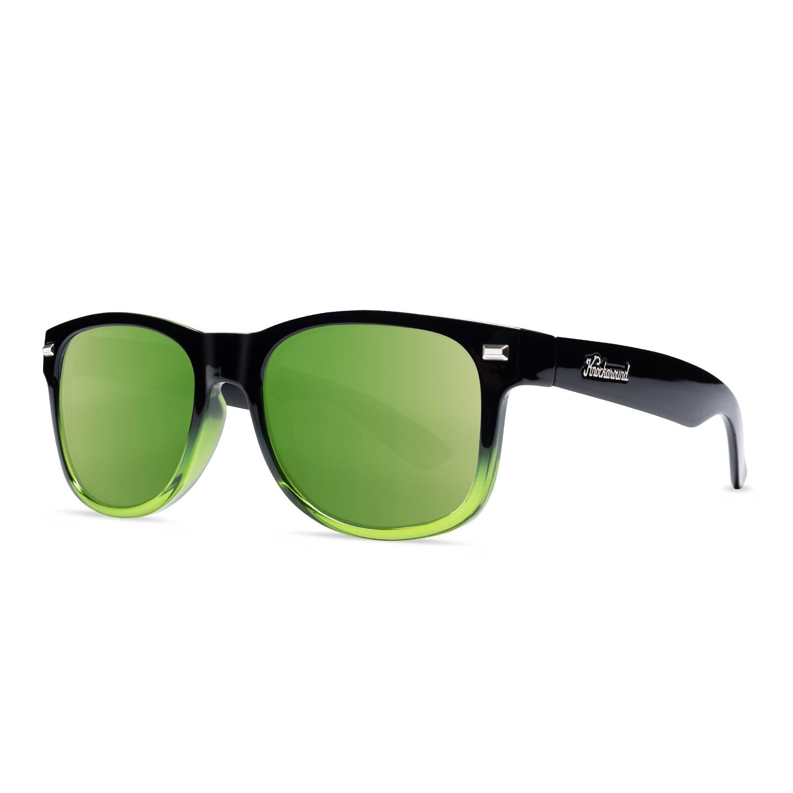 Sunglasses with Glossy Black Frames and Polarized Green Lenses, Threequarter