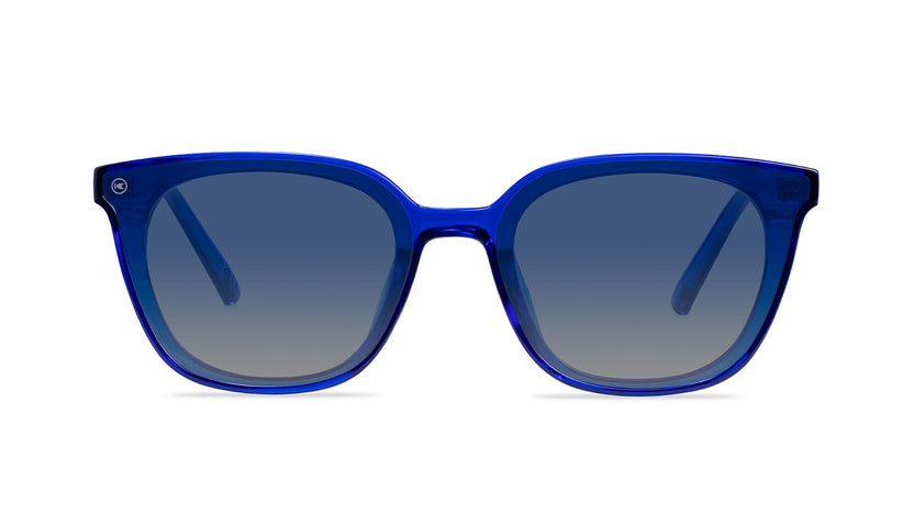 Sunglasses with a blue frame with polarized blue lenses, front