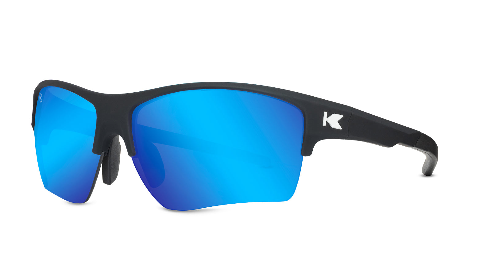 Moonshot Flight Paths Sunglasses with Black Frame and Blue Lenses, Threequarter