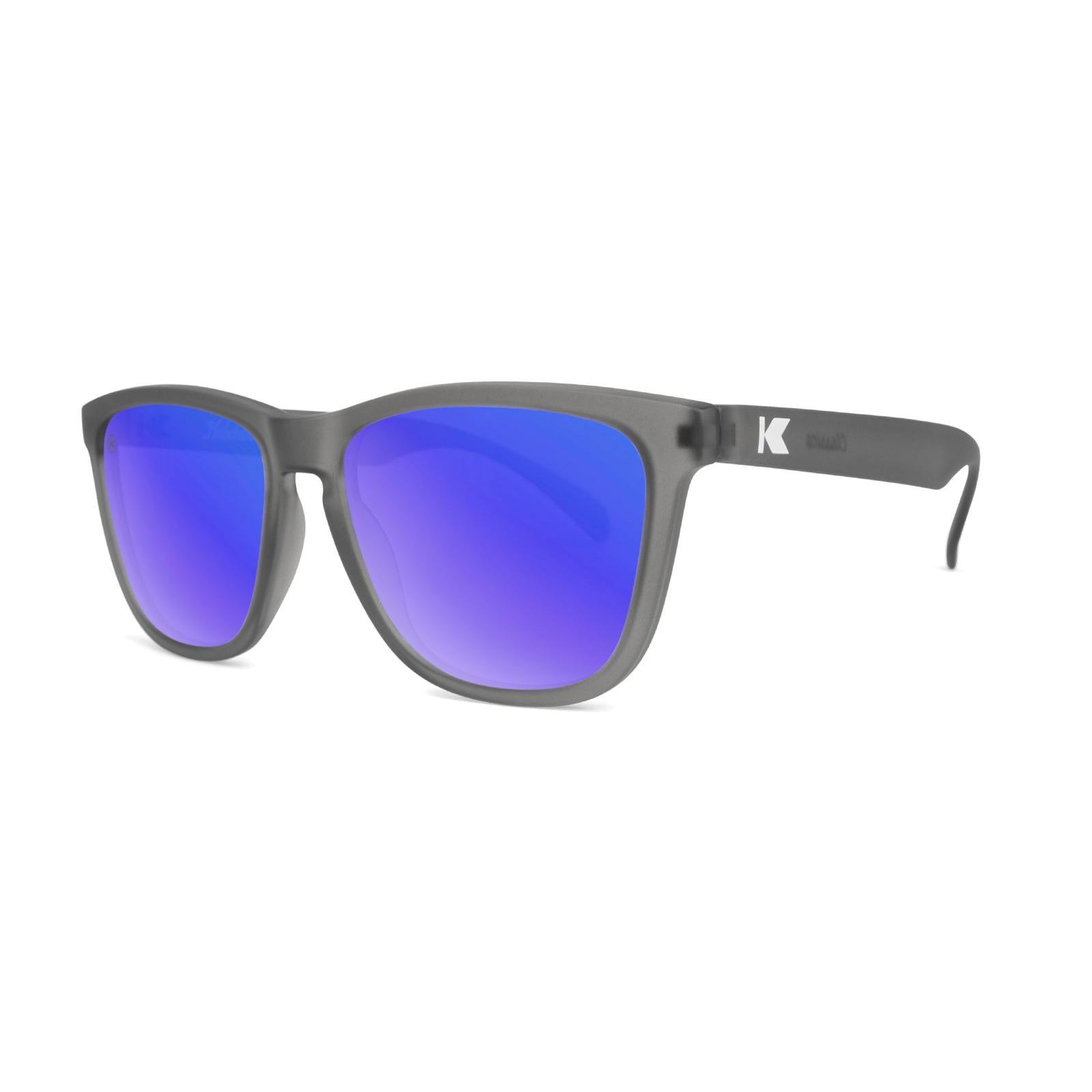 Sunglasses with Frosted Grey Frame and Polarized Blue Moonshine Lenses, Threequarter
