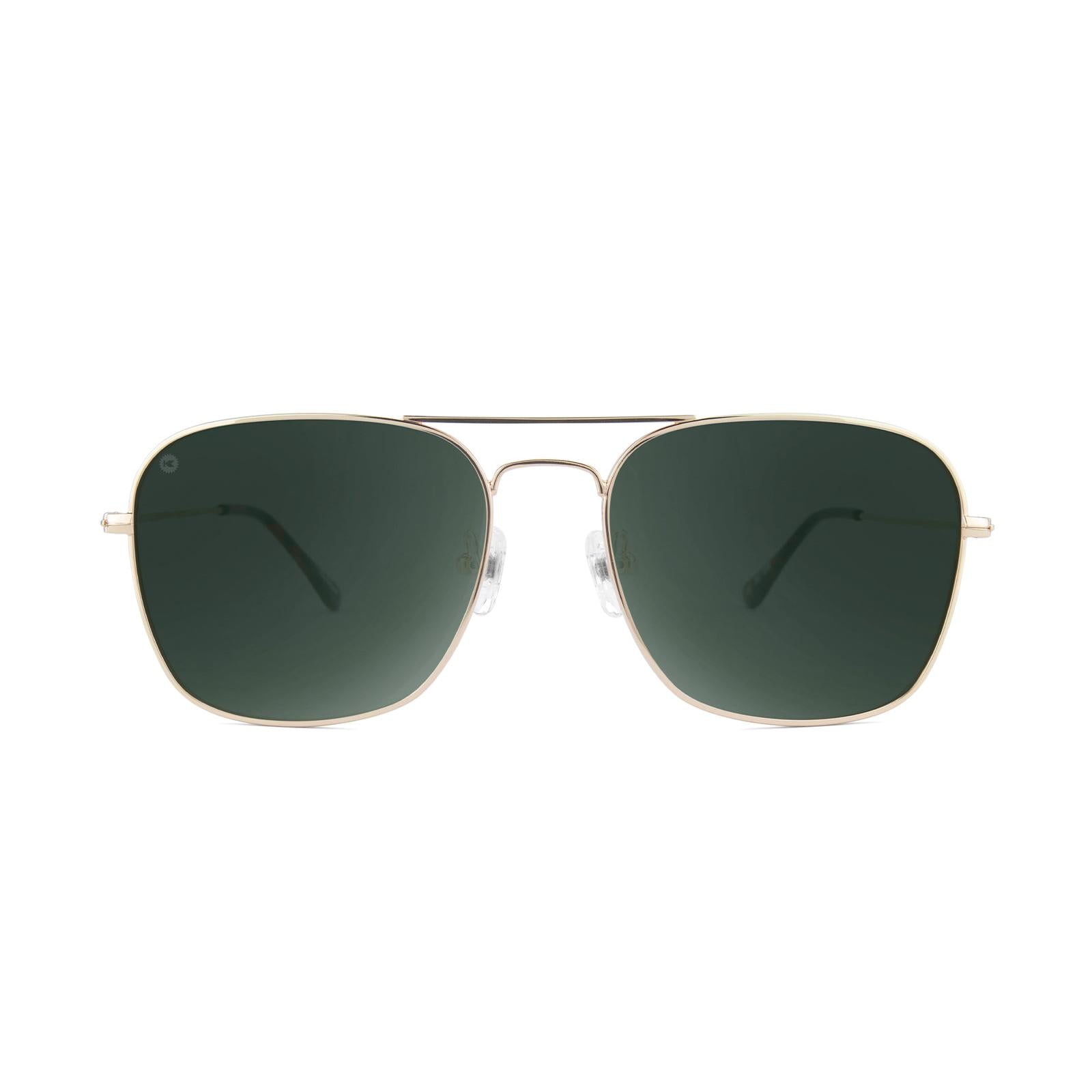 Sunglasses with Gold Metal Frame and Polarized Aviator Green Lenses, Front