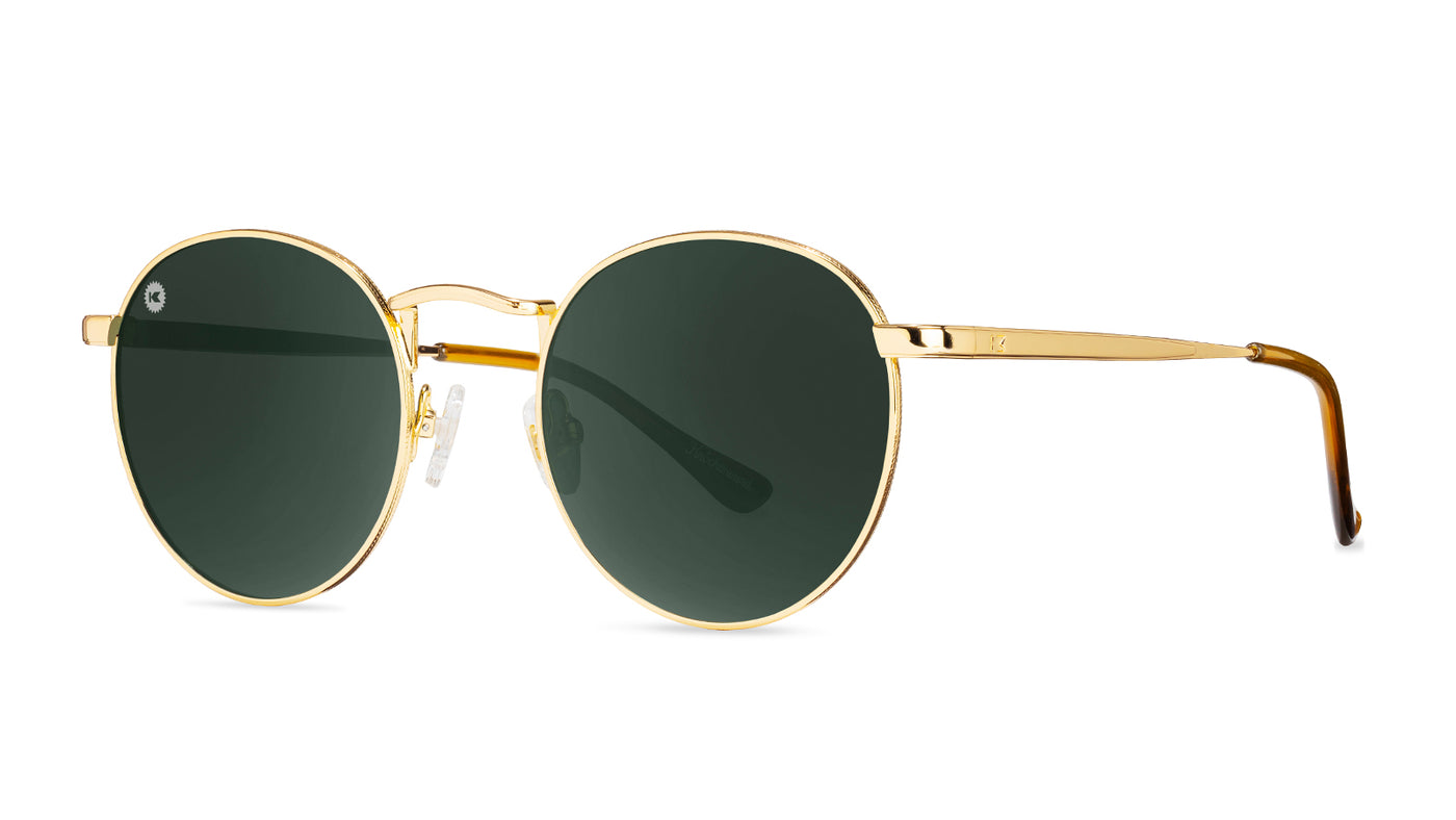 Love & Haights Sunglasses with Gold Frames and Polarized Green Lenses, Threequarter