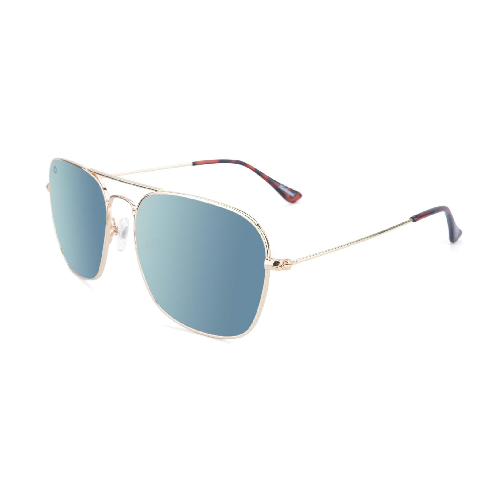 Sunglasses with Gold Metal Frame and Polarized Sky Blue Lenses, Flyover