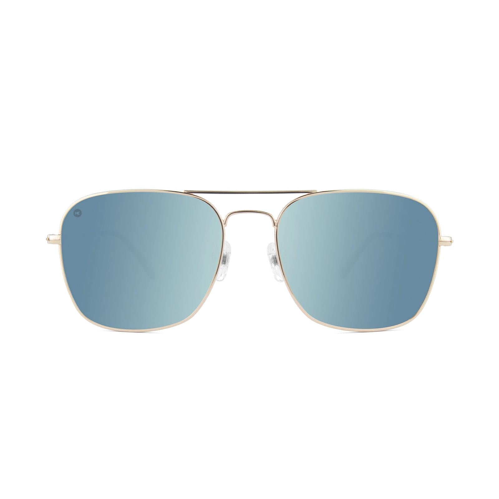 Sunglasses with Gold Metal Frame and Polarized Sky Blue Lenses, Front