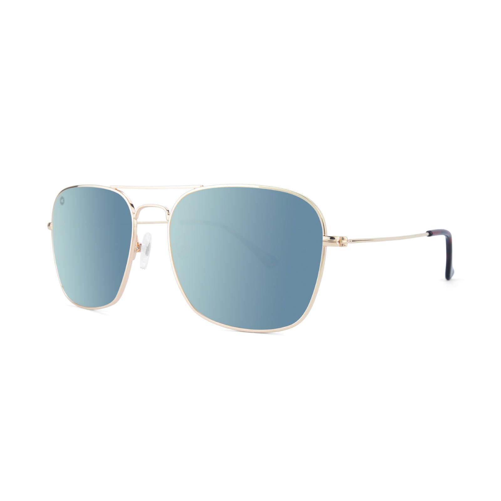 Sunglasses with Gold Metal Frame and Polarized Sky Blue Lenses, Threequarter