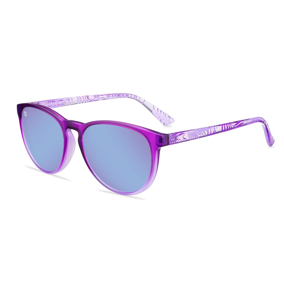 Sunglasses with purple front and palm tree arms, flyover