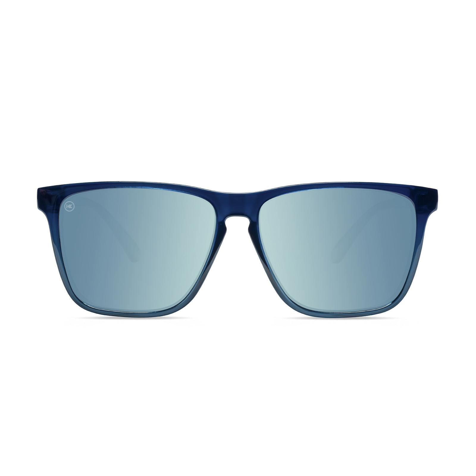 Sunglasses with Glossy Blue Frames and Polarized Sky Blue Lenses, Front