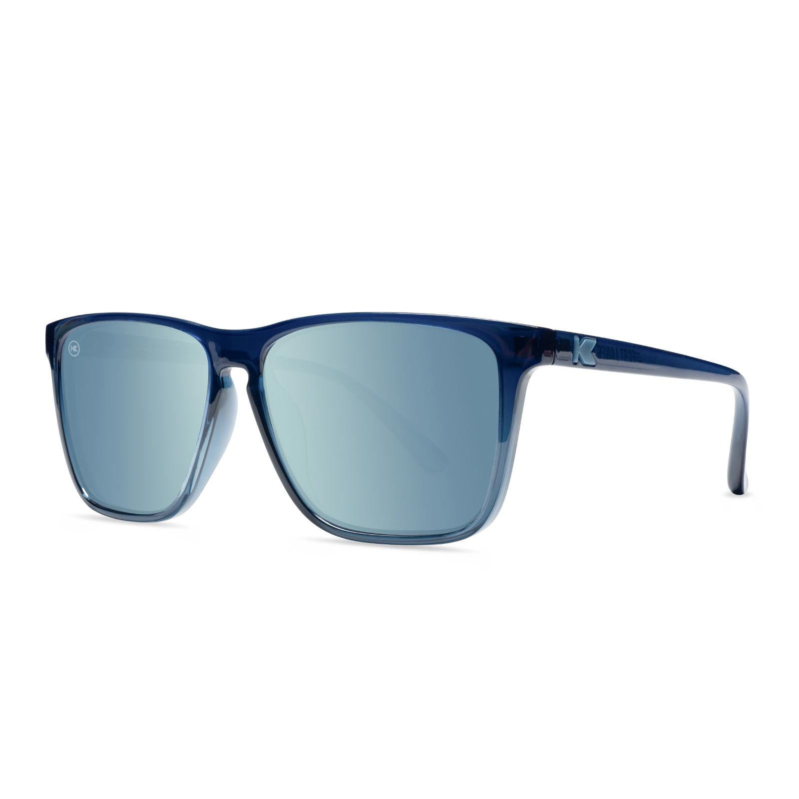 Sunglasses with Glossy Blue Frames and Polarized Sky Blue Lenses, Threequarter