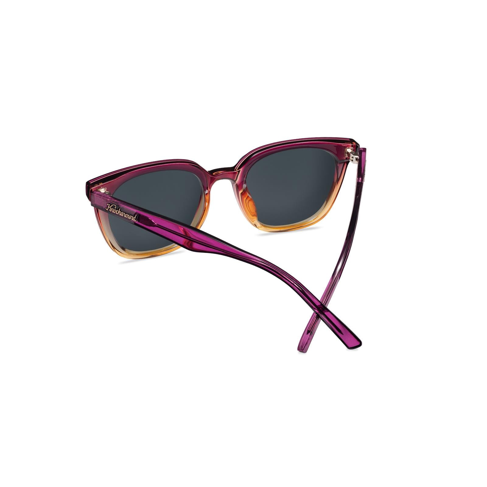 Sunglasses with purple frame with polarized pink lenses, back
