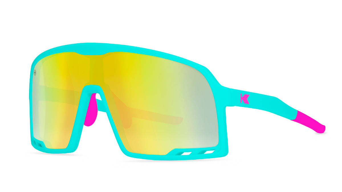Sunglasses With Rubberized Aqua Frames and Yellow-Blue Lenses, Three Quarter