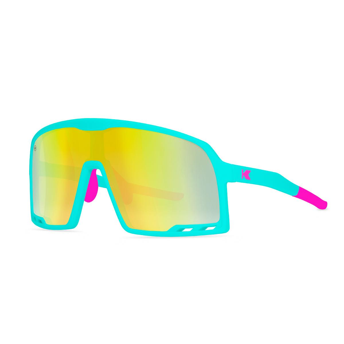 Sunglasses With Rubberized Aqua Frames and Yellow-Blue Lenses, Three Quarter