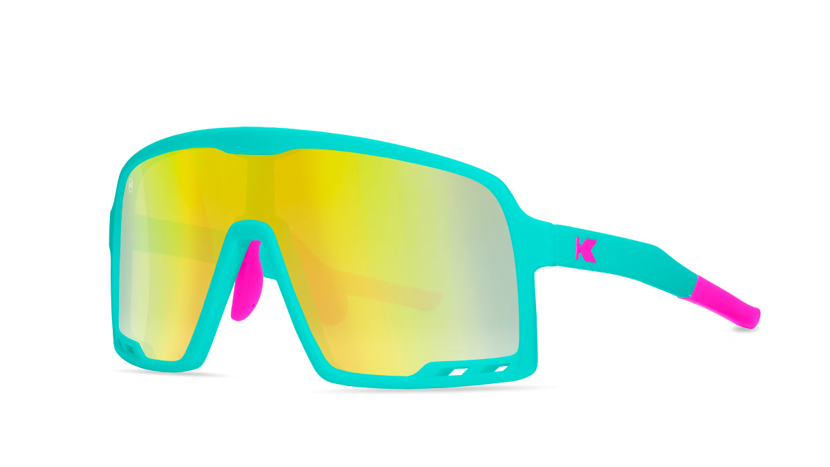 Kids Sport Sunglasses with Sky Blue Frames and Yellow Lenses, Threequarter