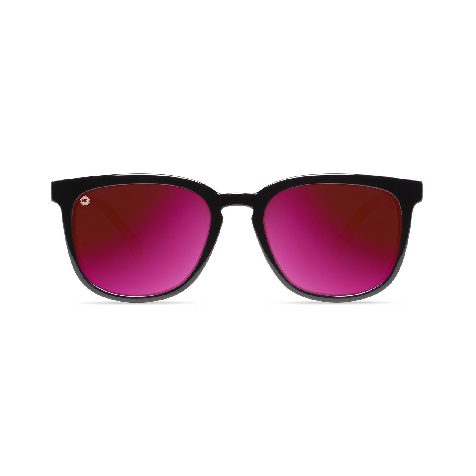 Sunglasses with Black Frame and Polarized Fuchsia Lenses, Front