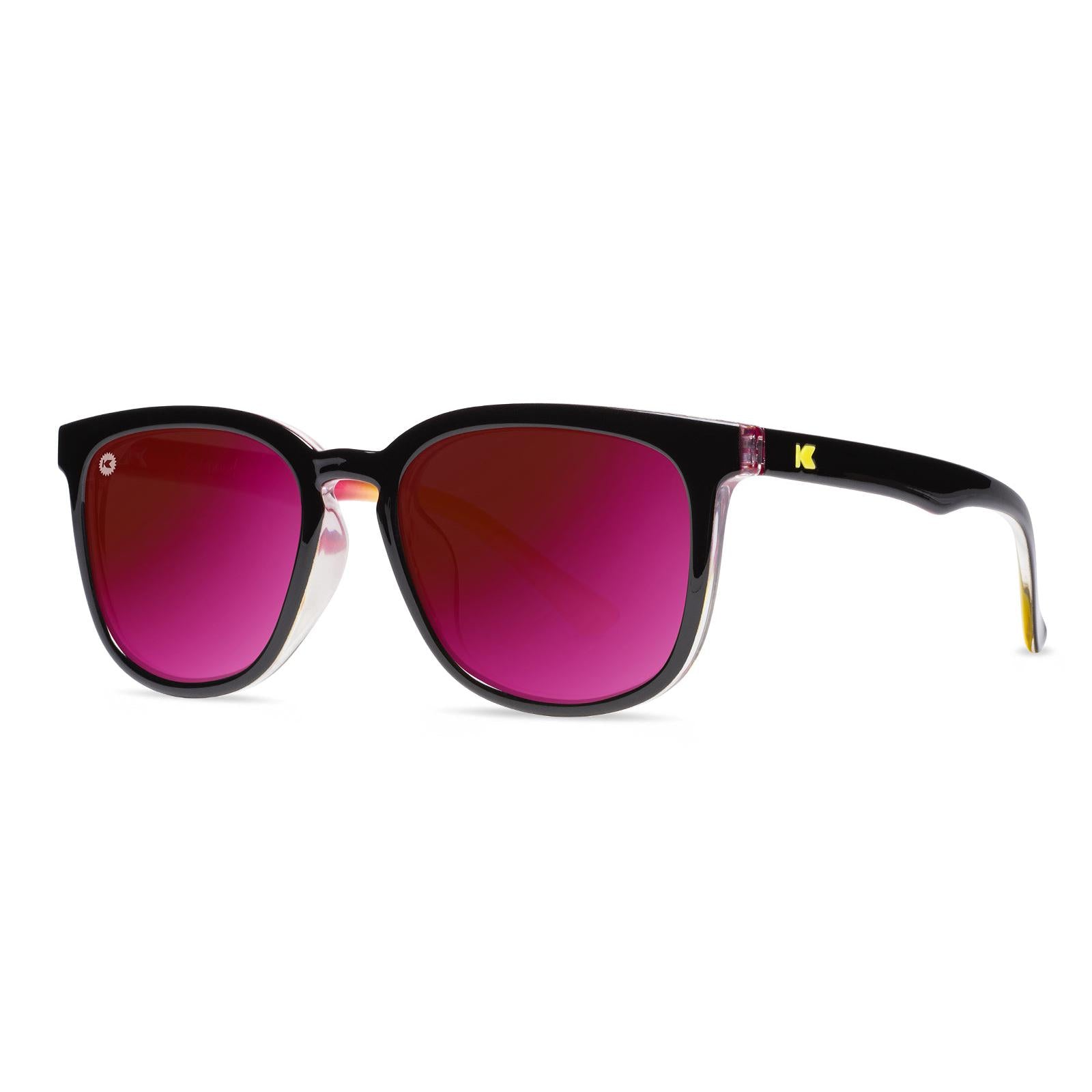 Sunglasses with Black Frame and Polarized Fuchsia Lenses, Threequarter