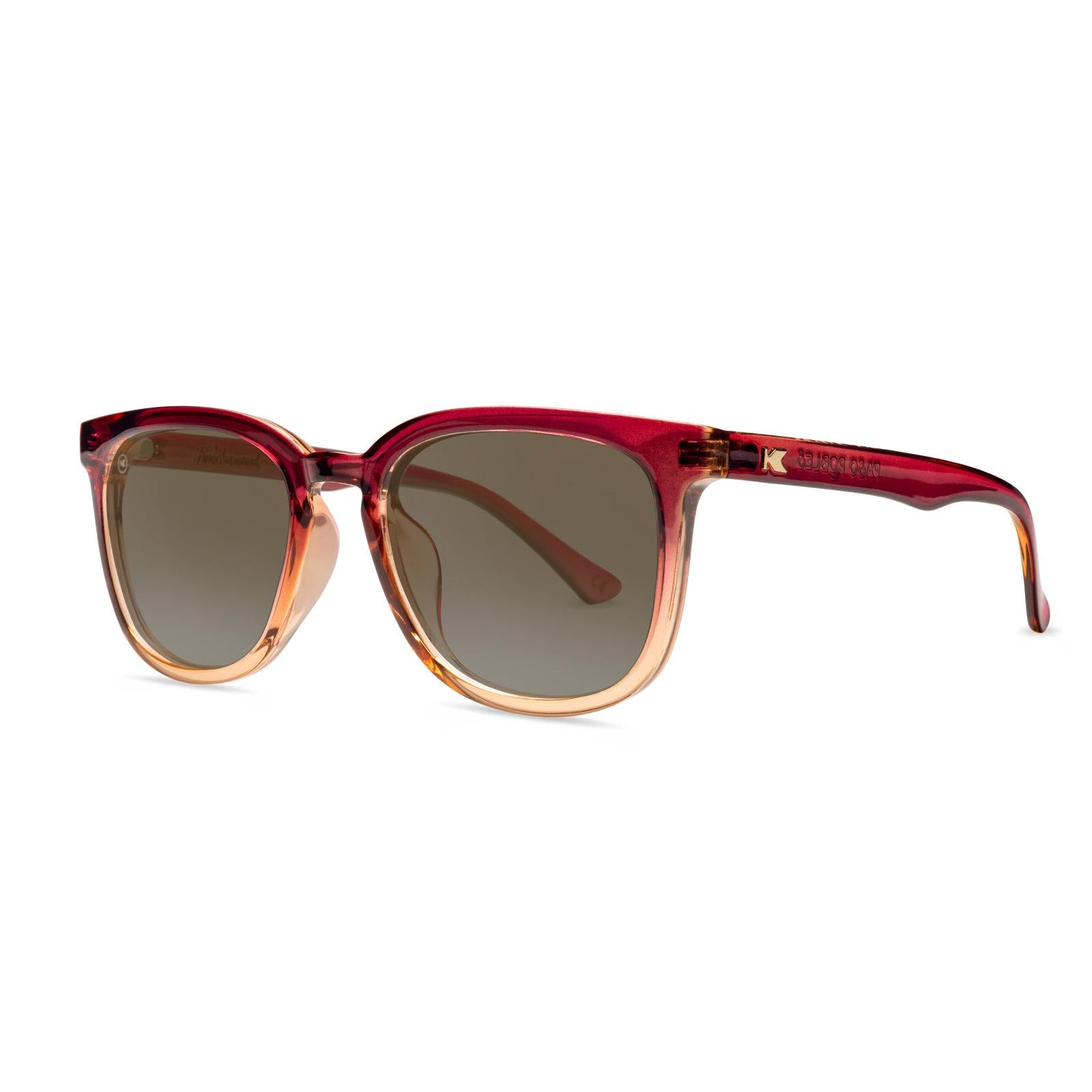 Sunglasses with Raspberry and Creme Beige Frames with Polarized Amber Lenses, Threequarter