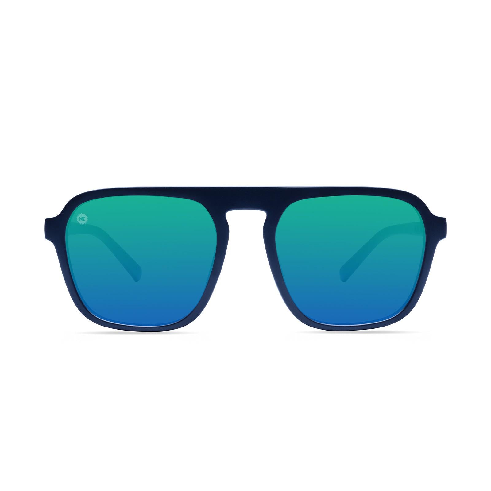 Sunglasses with Blue Frames and Polarized Green Lenses,  Front