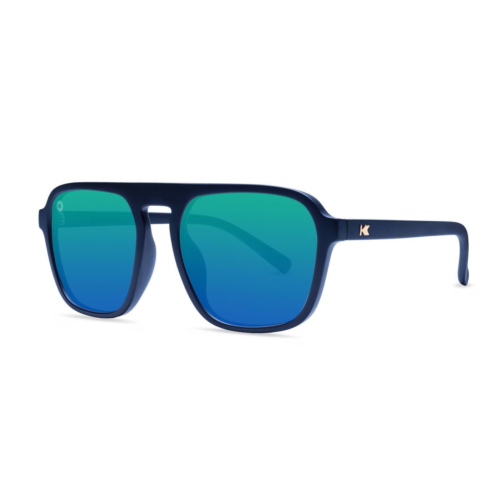 Sunglasses with Blue Frames and Polarized Green Lenses, Threequarter