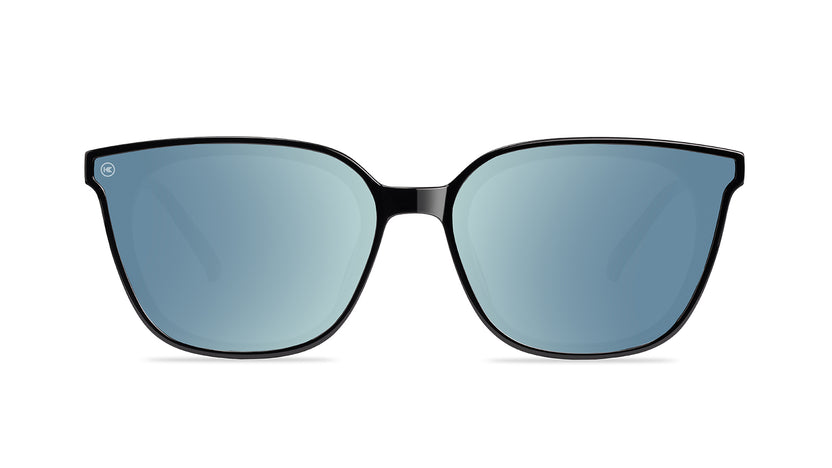 Sunglasses with a black frame with polarized blue lenses, front