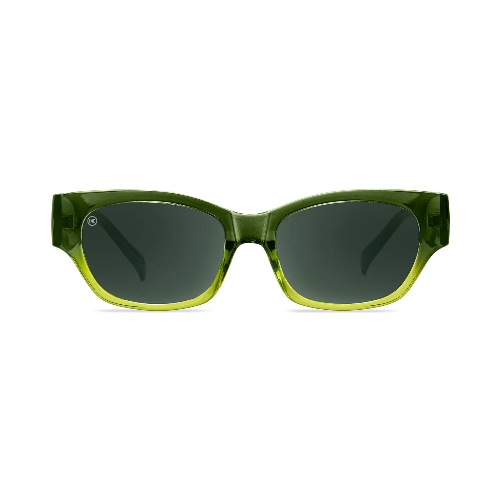 Sunglasses with a glossy seaweed green fade frame and polarized aviator green lenses, Front
