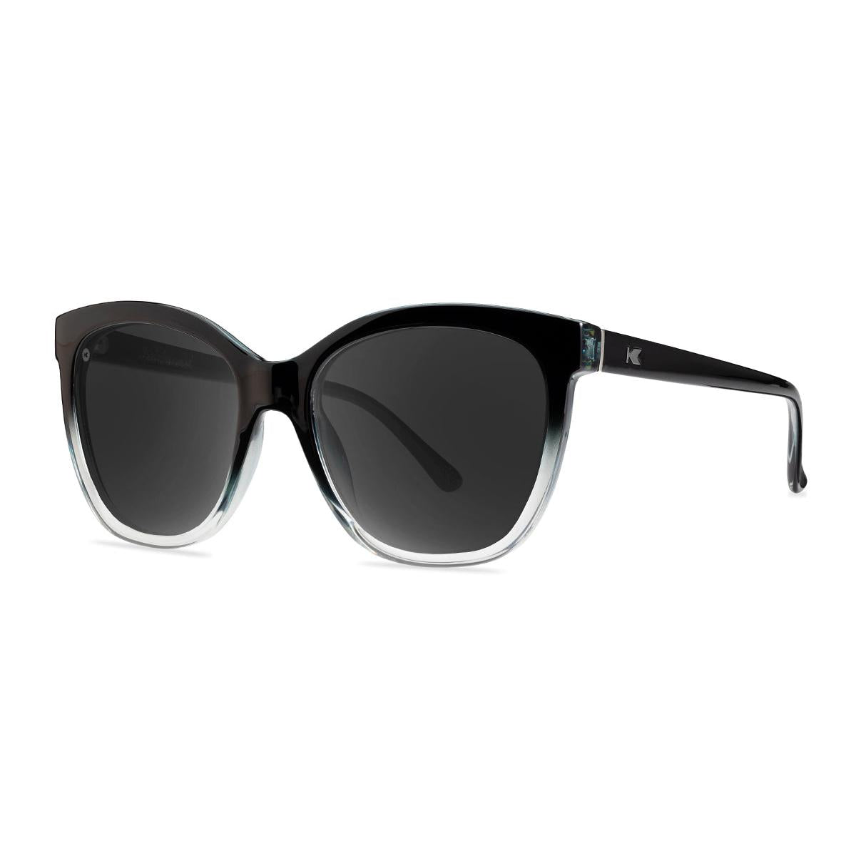 Sunglasses with Glossy Black Frames and Polarized Smoke Lenses, Threequarter