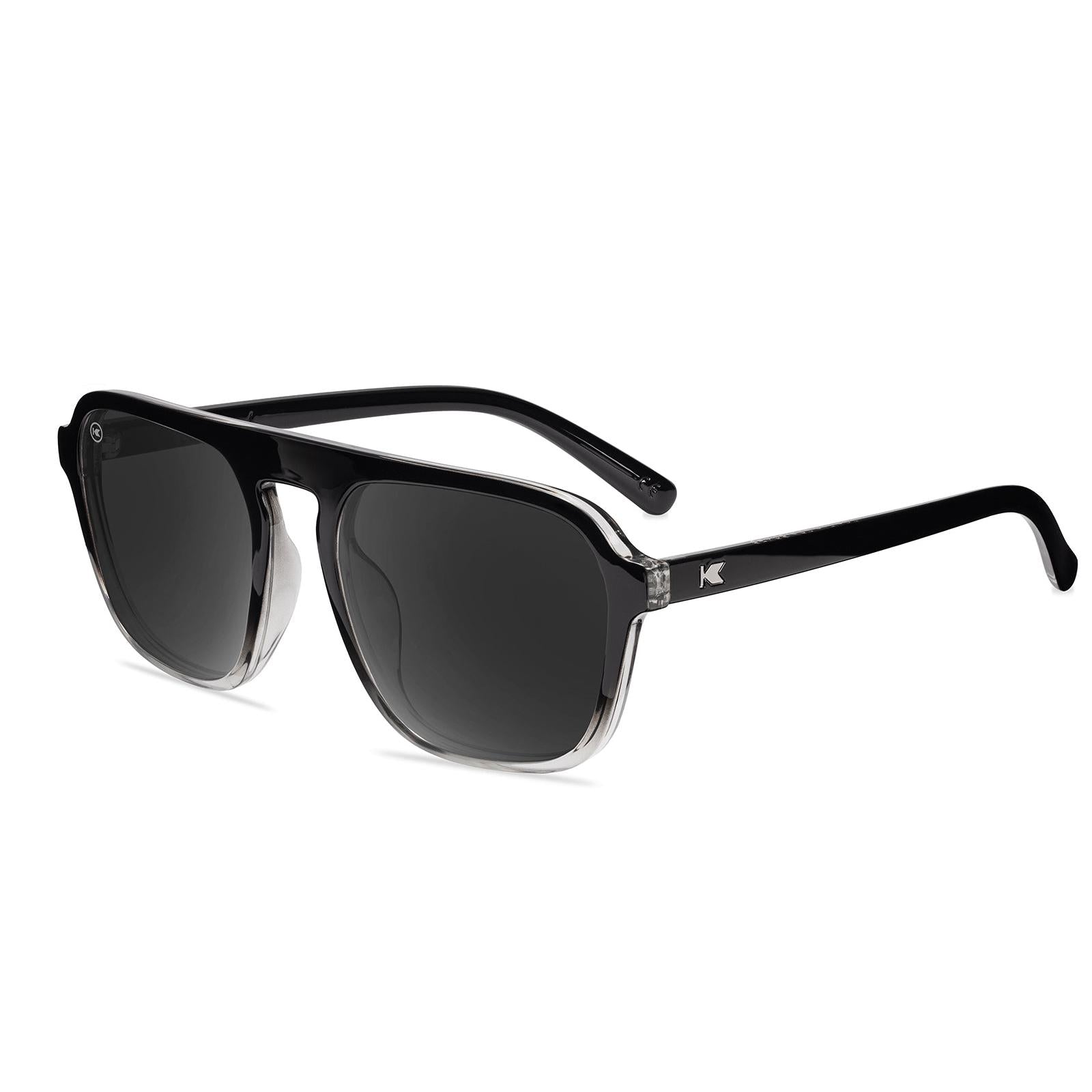 Sunglasses with Glossy Black Frames and Polarized Smoke Lenses, Flyover
