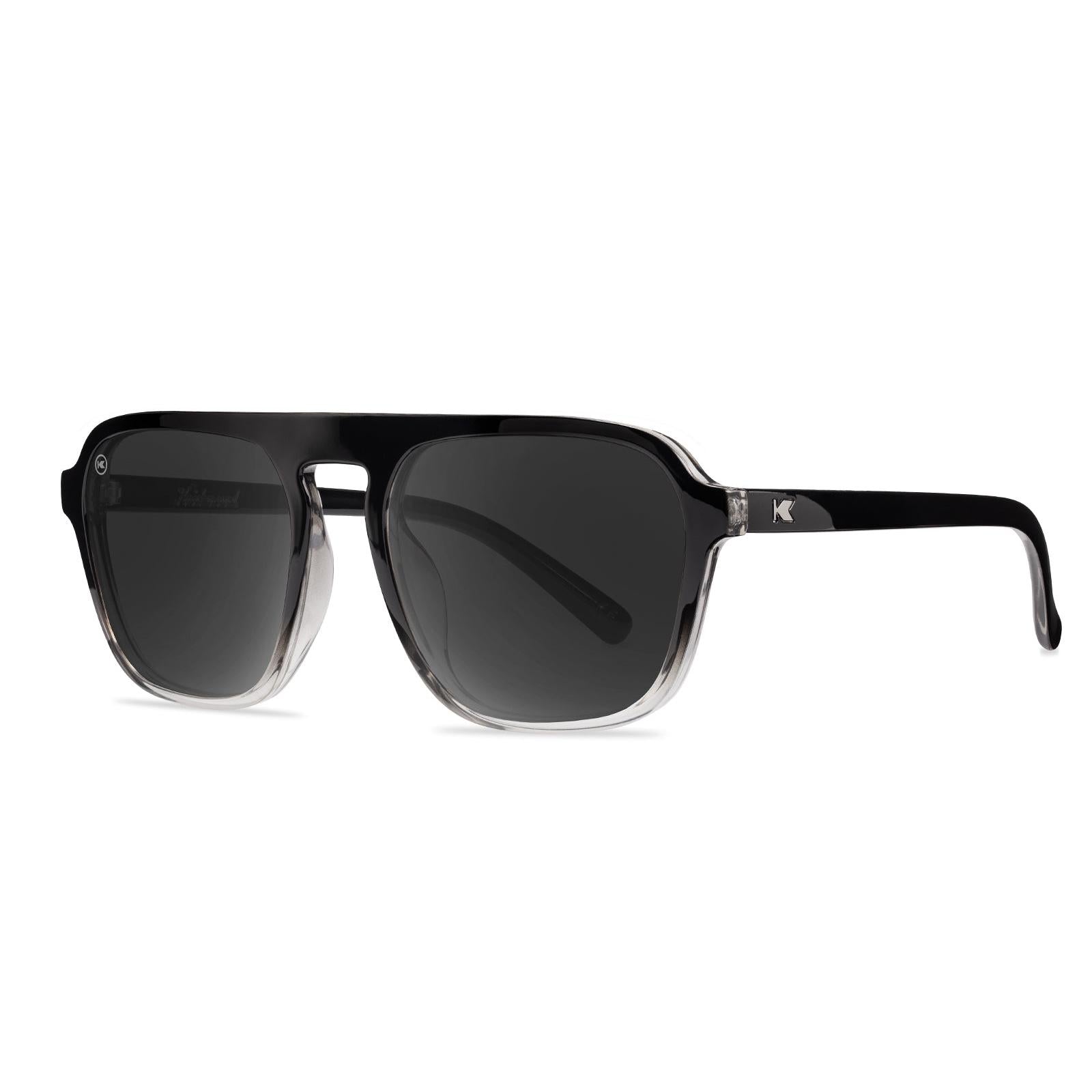 Sunglasses with Glossy Black Frames and Polarized Smoke Lenses, Threequarter