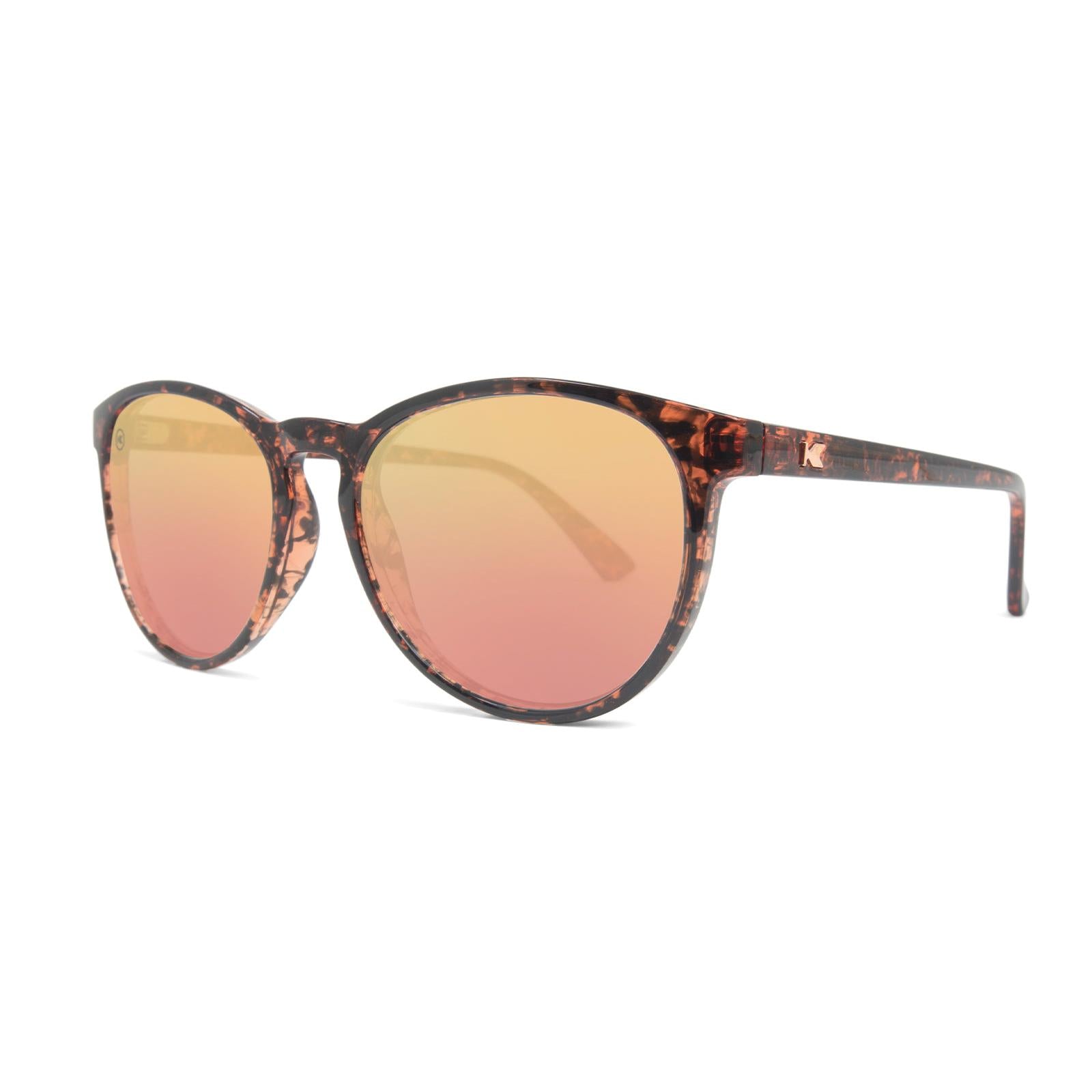 Sunglasses with MBrown Frames and Polarized Pink Lenses, Threequarter