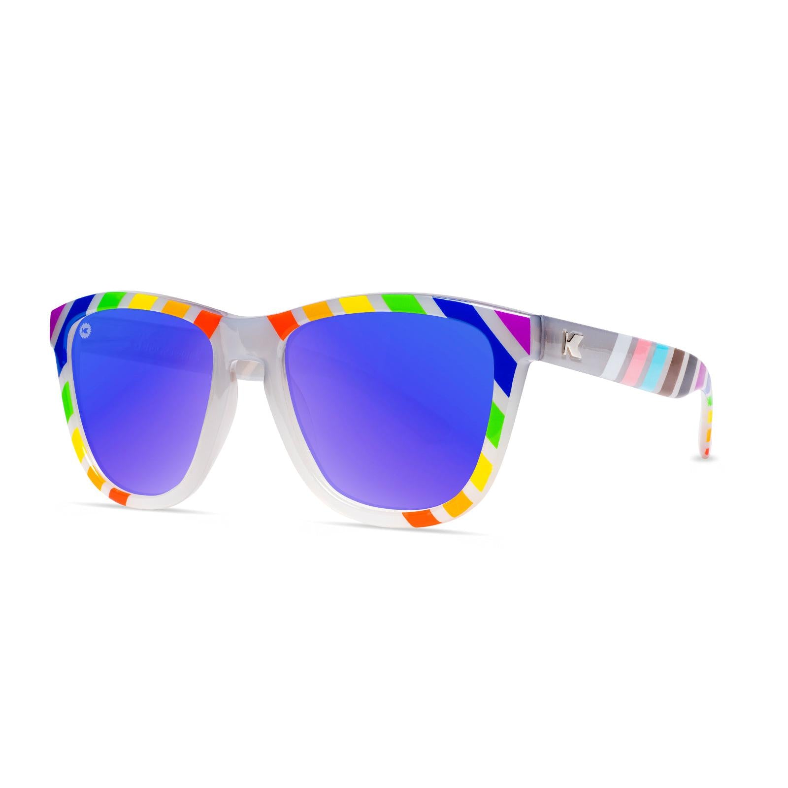 Sunglasses with Pride Flag and Polarized Blue Moonshine Lenses, Threequarter