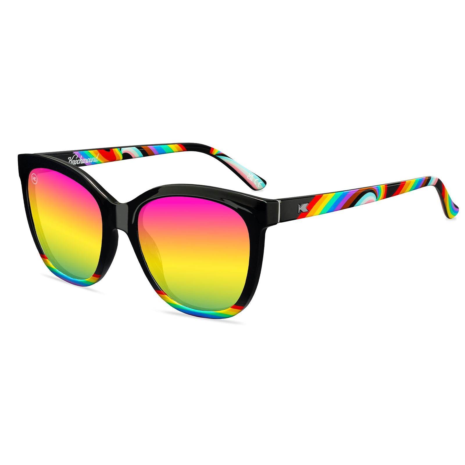 Sunglasses with Glossy black fronts with rainbow accent at bottom, Progress Pride color swirl across arms Silver K-logos Polarized rainbow lenses