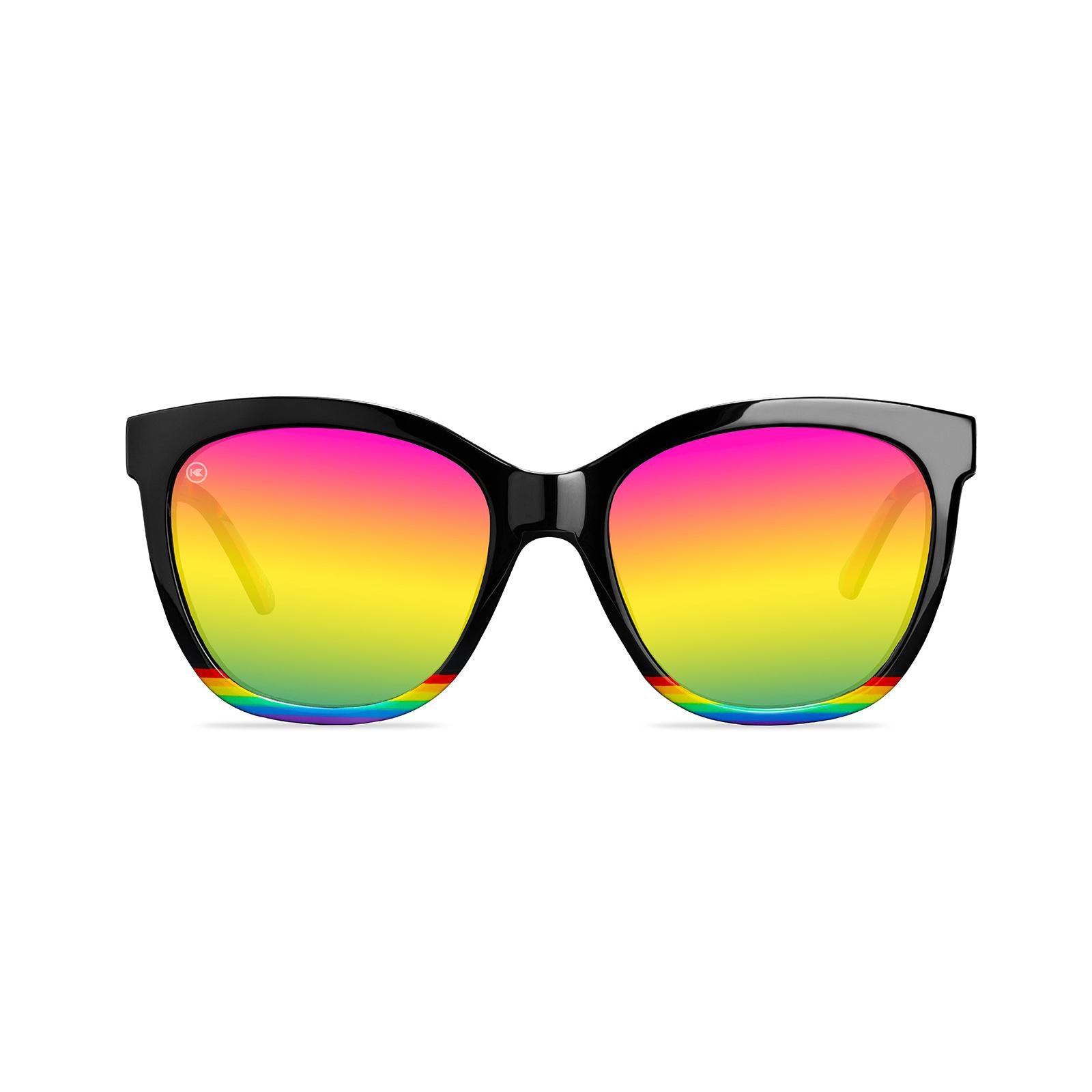 Sunglasses with Glossy black fronts with rainbow accent at bottom, Progress Pride color swirl across arms Silver K-logos Polarized rainbow lenses