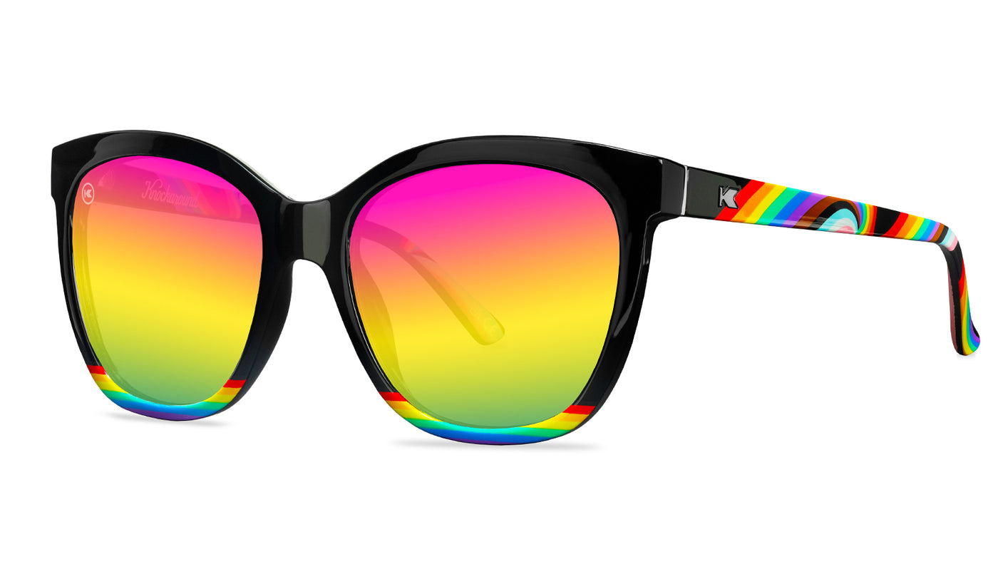 Sunglasses with Glossy black fronts with rainbow accent at bottom, Progress Pride color swirl across arms Silver K-logos Polarized rainbow lenses