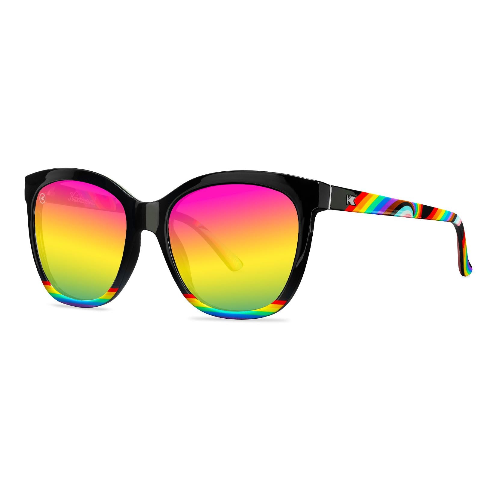 Sunglasses with Glossy black fronts with rainbow accent at bottom, Progress Pride color swirl across arms Silver K-logos Polarized rainbow lenses
