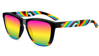 Sunglasses with Glossy black fronts with rainbow accent at bottom, Progress Pride color swirl across arms Silver K-logos Polarized rainbow lenses
