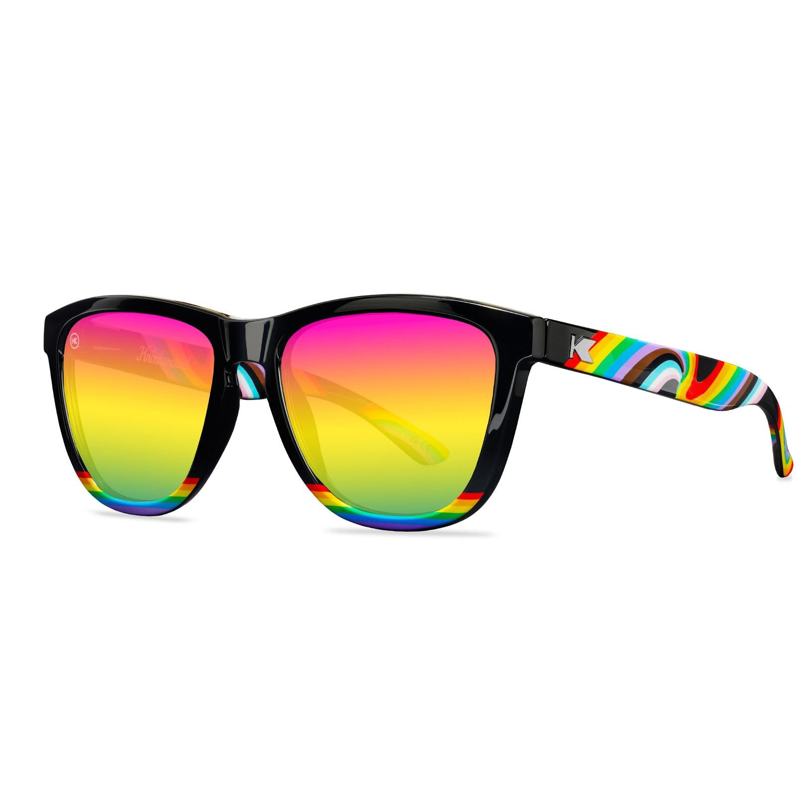 Sunglasses with Glossy black fronts with rainbow accent at bottom, Progress Pride color swirl across arms Silver K-logos Polarized rainbow lenses