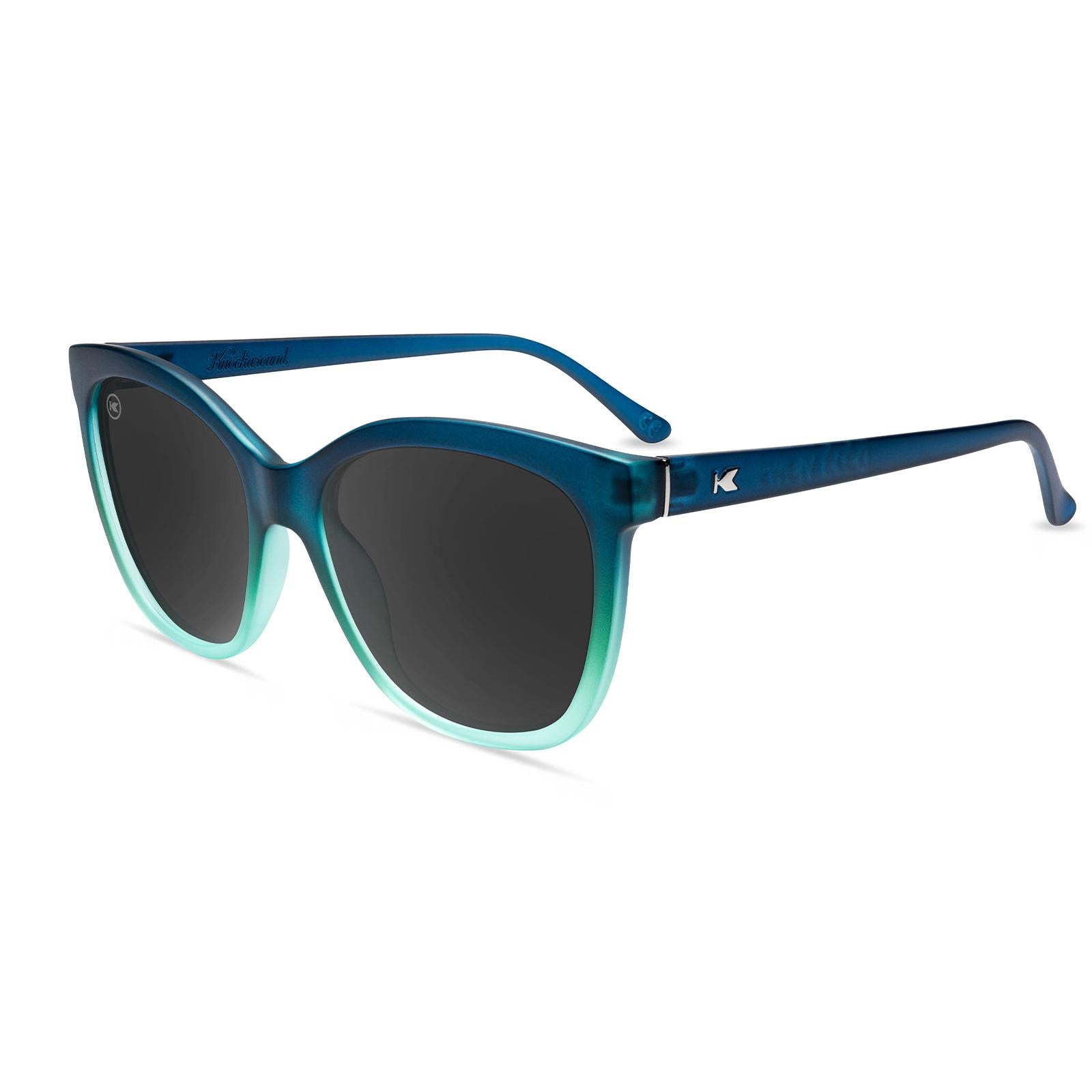 Sunglasses with Deep Blue to Light Blue Frames and Polarized Black Lenses, Flyover