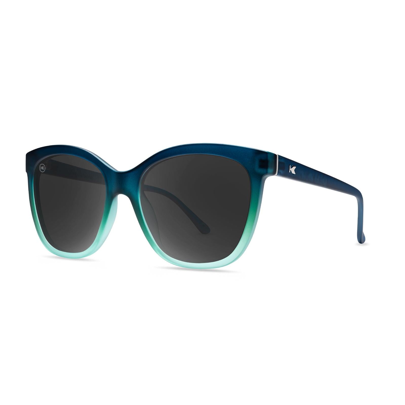 Sunglasses with Deep Blue to Light Blue Frames and Polarized Black Lenses, Threequarter