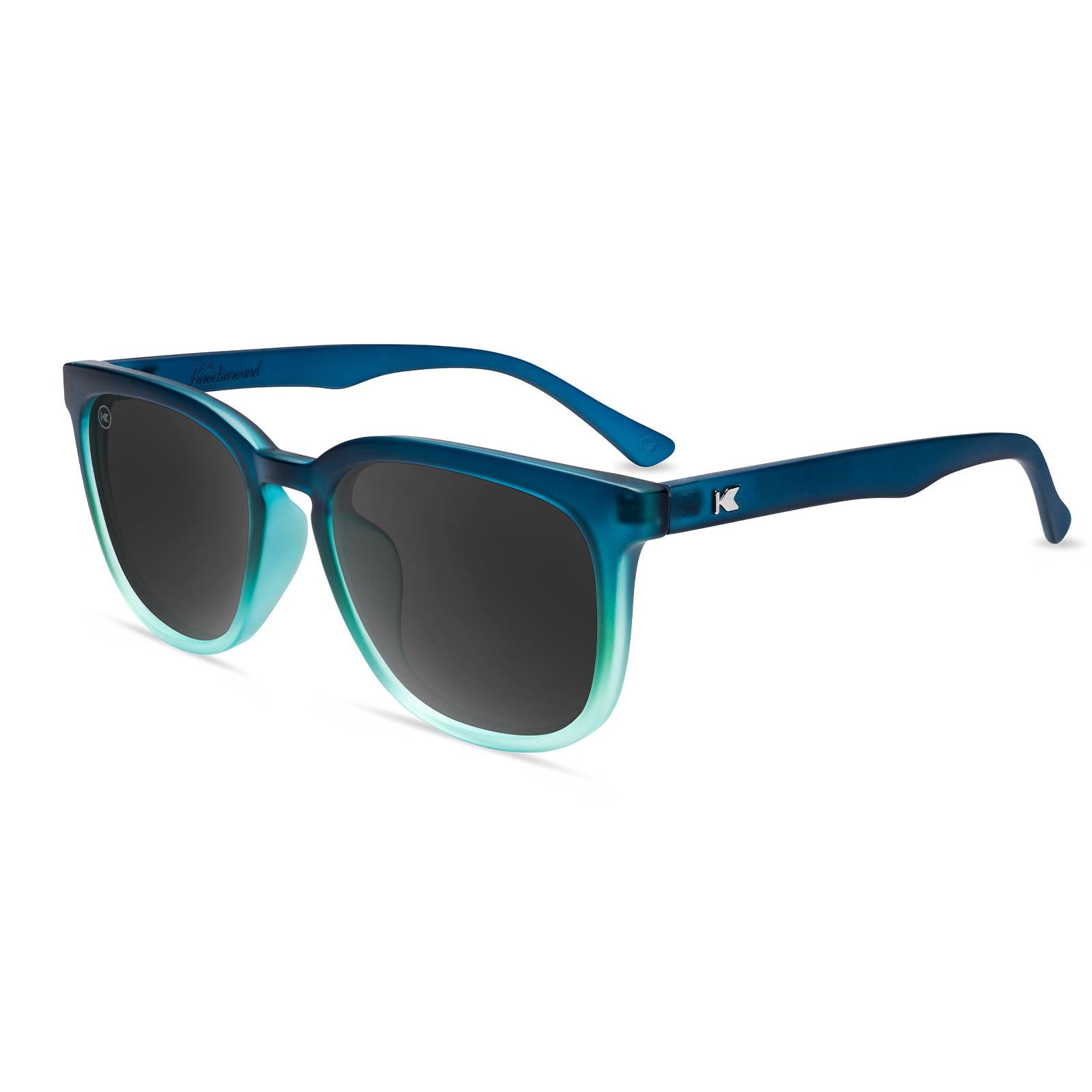 Sunglasses with Deep Blue to Light Blue Frames and Polarized Black Lenses, Flyover