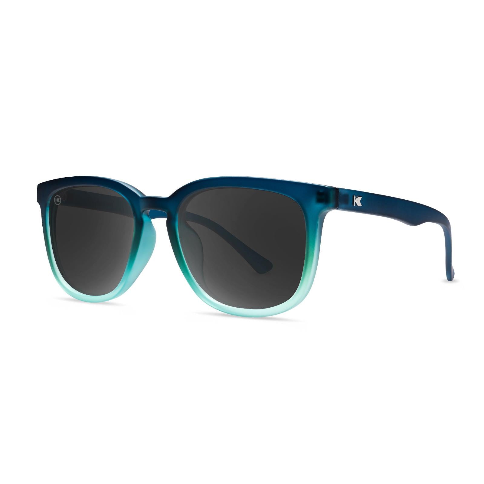 Sunglasses with Deep Blue to Light Blue Frames and Polarized Black Lenses, Threequarter