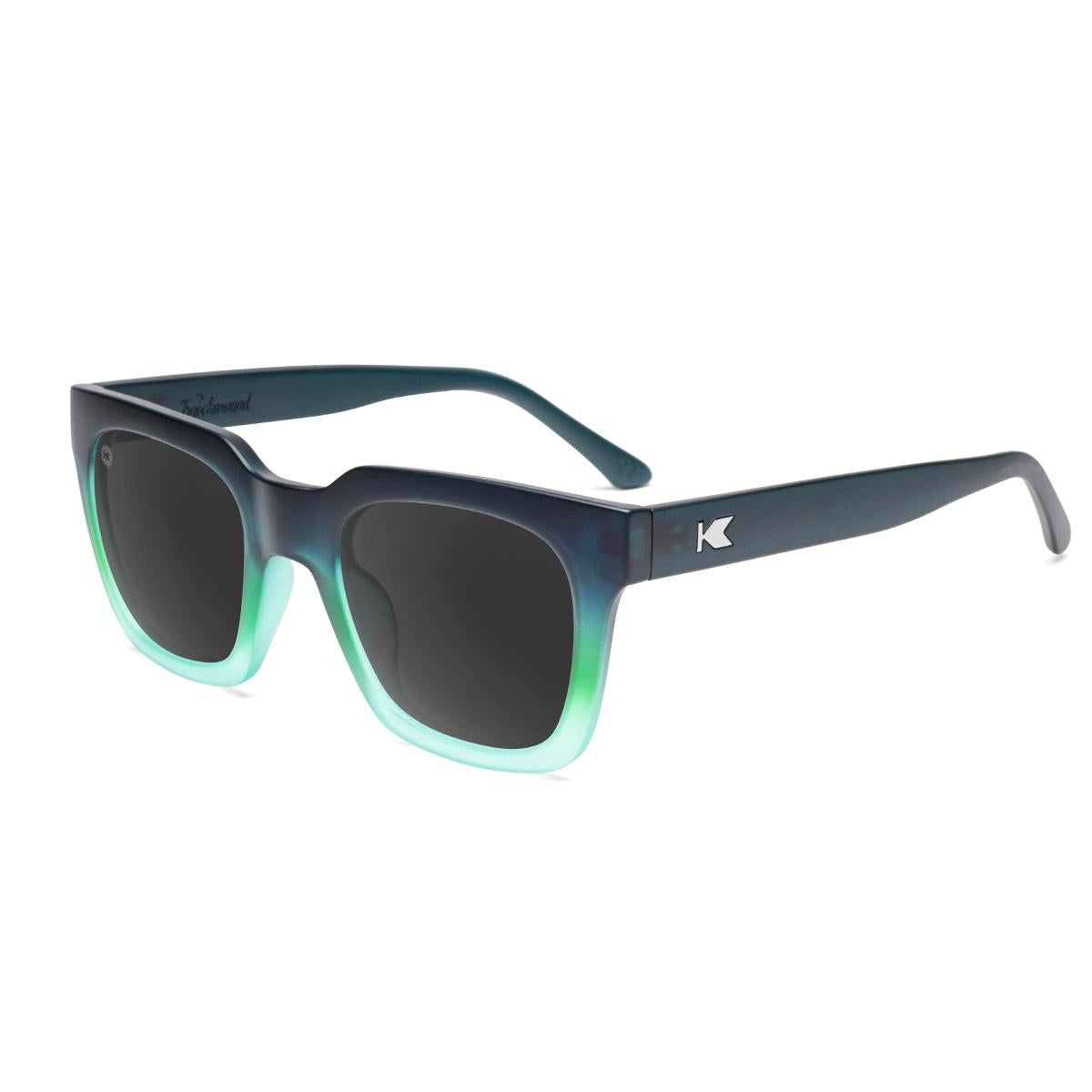 Sunglasses with Deep Blue to Light Blue Frames and Polarized Black Lenses, Flyover
