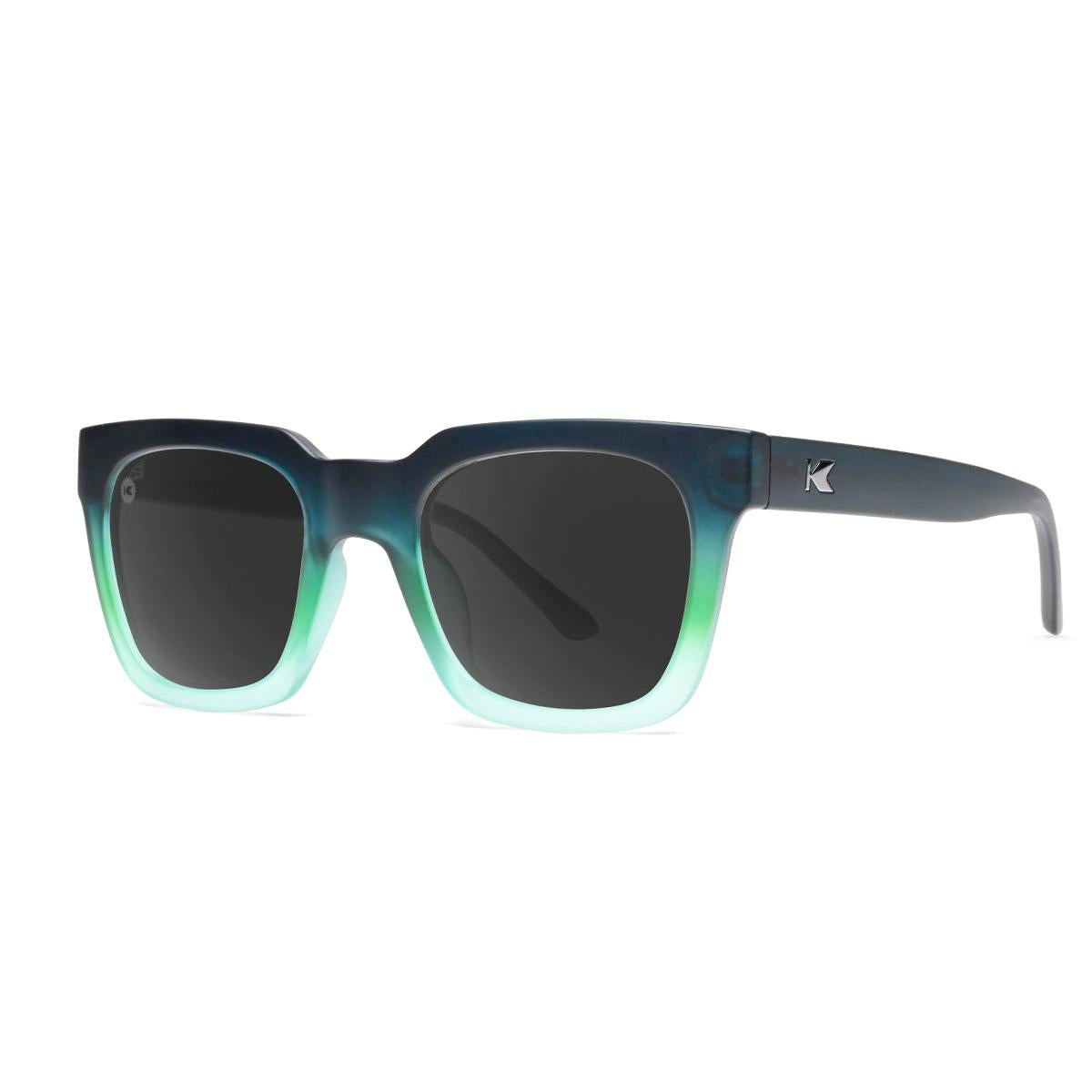 Sunglasses with Deep Blue to Light Blue Frames and Polarized Black Lenses, Threequarter